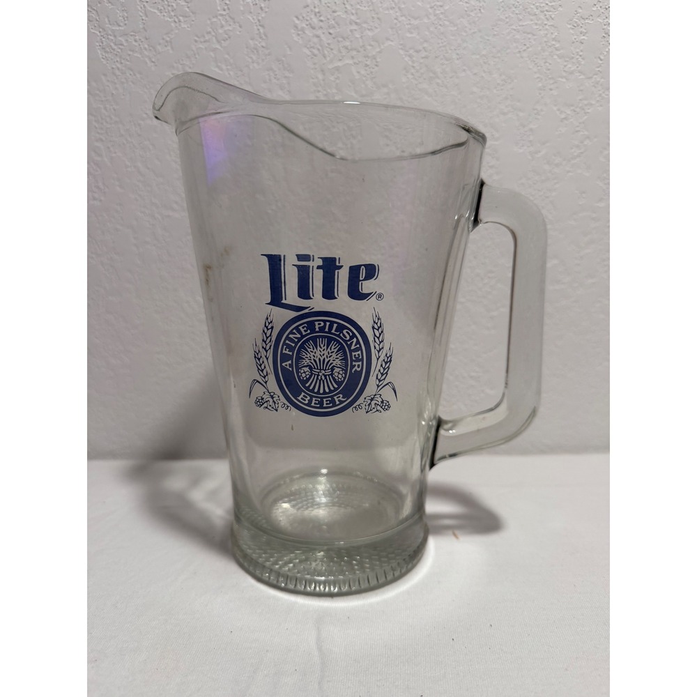 Vintage Miller Lite Clear Glass Beer Pitcher Blue Logo Barware Heavy Duty